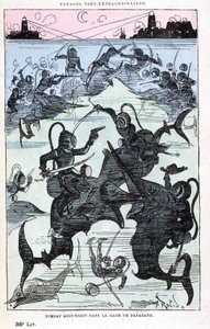 Underwater combat in the bay of Papagayo (scaphandlers riding fish), parody of Jules Verne, 