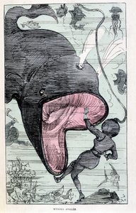 Woman in a diving suit getting swallowed by a whale, parody of Jules Verne, 