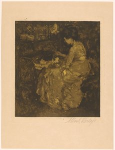 Woman Feeding a Child in a Cradle by Albert Roelofs (signed by artist)