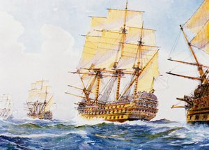 18th Century ships in single file close-hauled to starboard tack