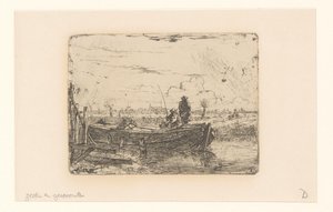 Polder Landscape with Two Men on a Boat by Albertus Brondgeest
