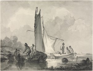 River Landscape with Fisherman and Three Boats by Albertus van Beest