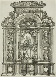 Altarpiece with the Beautiful Virgin of Regensburg and Saints Christopher, Mary Magdalen, Florian and Catherine Standing in Niches, with God the Father Above by Albrecht Altdorfer