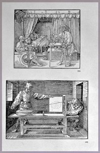Apparatus for translating three-dimensional objects into two-dimensional drawings, two scenes from the artist