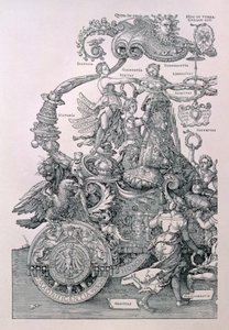 Design for The Great Triumphal Chariot of Emperor Maximilian I: detail showing the Virtues placing a wreath on the head of the Emperor, planned by Willibald Pirckheimer, pub. c.1518 by Albrecht Dürer