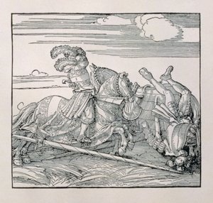 Emperor Maximilian I of Germany unseats an opponent in a joust, from an unpublished book glorifying the Emperor