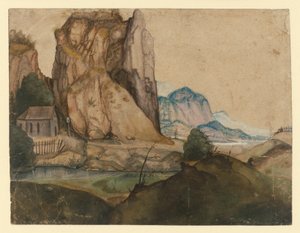 Hilly Landscape with a Chapel Under High Rocks by Albrecht Dürer