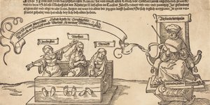 Justice, Truth and Reason in the Stocks with the Seated Judge and Sleeping Piety, probably 1526 by Albrecht Dürer
