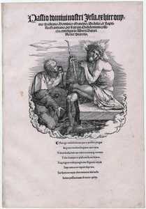 Man of Sorrows and the Landsknecht, Sheet 1 [Title Page] of the Series "The Great Passion" by Albrecht Dürer