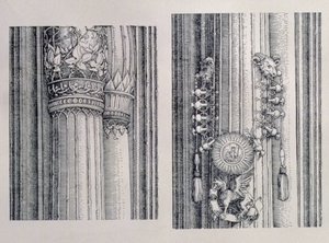 The Triumphal Arch of Emperor Maximilian I of Germany: two details of the central Gates of Honour and Power showing left-hand column and capital embellishments, dated 1515, pub. 1517-18 by Albrecht Dürer