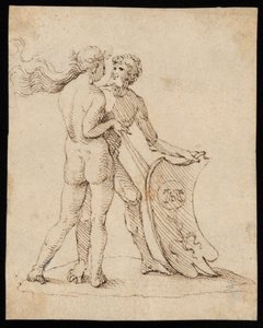 Naked woman and man with the shield featuring the coat of arms of Willibald Pirckheimer by Albrecht Dürer