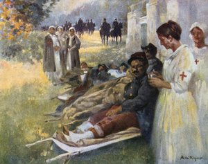 First Aid: Wounded Soldier and His Nurse at a Dressing Station During World War I in France by Alejandro de Riquer