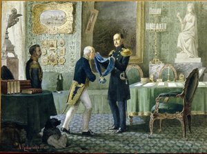 Emperor Nicholas I Awards the Blue Riband of the Order of St. Andrew to Count Mikhail Speransky by Aleksei Danilovich Kivshenko