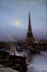 View of the Eiffel Tower at night in 1889, Painting by Alexei Petrovich Bogoliouboff