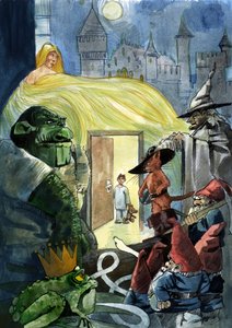 A child staring at the characters of fairy tales like Puss in Boots, a princess, and a toad, Seven Dwarfs by Alessandro Lonati