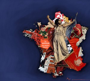 A Marianne against a background of communist collage. Allegory of Communism in France. 2010 by Alessandro Lonati