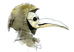 A plague doctor wearing a beak-like mask by Alessandro Lonati