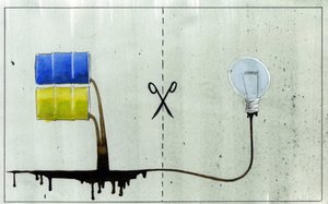 Allegorical representation of clean energy and fossil fuels by Alessandro Lonati