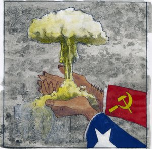 Allegorical representation of the Cold War as American and Soviet hands holding the atomic cloud