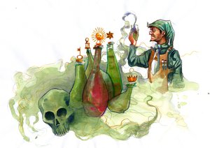 Alchemist in His Laboratory Surrounded by Vials and Stills