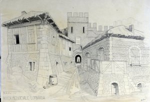 Architecture of the Middle Ages: view of the ramparts of a medieval Lombard city by Alessandro Lonati