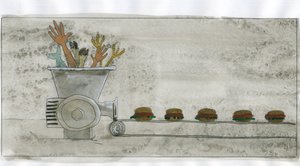 Consumer society: production of junk food, hamburger made with human and animal remains by Alessandro Lonati