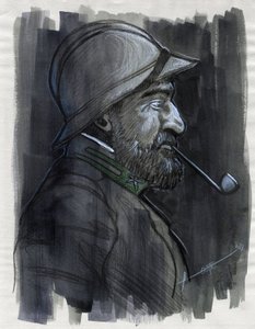 First World War 1914-1918: Profile portrait of a soldier of the Italian army smoking a pipe in 1915 by Alessandro Lonati