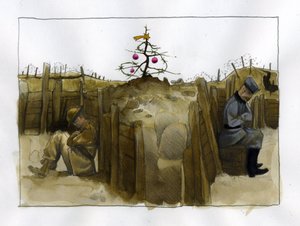 First World War: the loneliness of two enemy soldiers, British and German, in the trench at Christmas time 1914-1918 by Alessandro Lonati