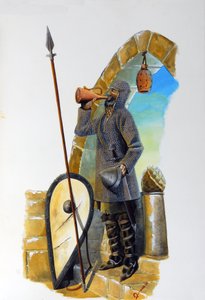 First crusade: a knight at rest, equipped with his coat of mail, drinking from a carafe, with his shield and spear nearby by Alessandro Lonati