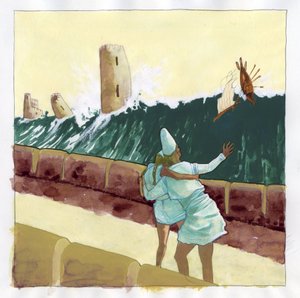 Illustration of the myth of Atlantis: view of the tsunami flooding the Greek city of the legendary island