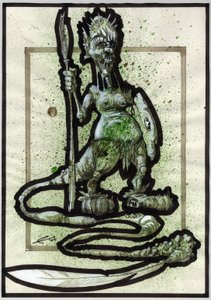 Legendary monster for Fantasy illustration: face of a tribal creature or warrior with spear, shield and feather tail by Alessandro Lonati