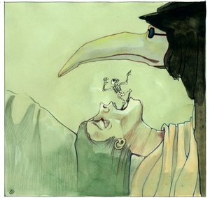 Plague Doctor Wearing a Beak-like Mask Filled with Aromatic Items in Front of a Victim