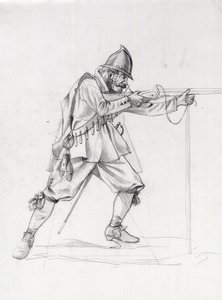 Portrait of a vessel soldier of the 17th century putting himself in a firing position by Alessandro Lonati