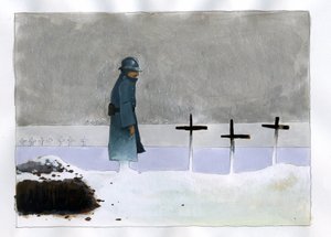 WWI: a French soldier in a war grave looking at the crosses by Alessandro Lonati