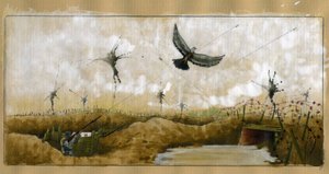 WWI: a German soldier shooting at a homing pigeon carrying a message by Alessandro Lonati
