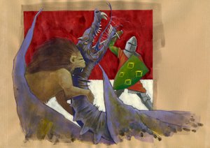 Yvain, the Knight of the Lion Fighting the Dragon