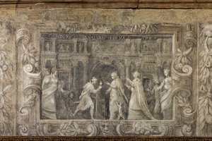Monochrome fresco reproducing theatrical productions by Alessandro Maganza