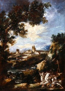 Landscape with Carmelite Friars Praying at a Roadside Shrine by Alessandro Magnasco