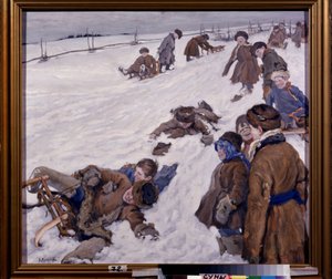 Winter Sports. Sledding scene in a snowy field, warmly dressed children having fun and laughing. Painting by Alexander Viktorovich Moravov