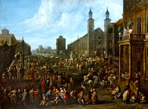 A market scene with street performers and other figures