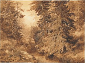 An Ancient Pine Forest with a Mountain Stream by Alexandre Calame