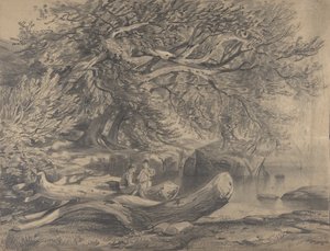 Two Men Resting by a Lake, early to mid-19th century by Alexandre Calame
