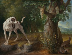 Dog Pointing Partridges in a Landscape by Alexandre Francois Desportes
