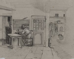 A Farmhouse Interior with a Boy at a Table by Alexandre Gabriel Decamps