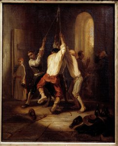 The ringtones. Men pull the rope to ring the bells. Painting by Alexandre Gabriel Decamps (1803-1860) by Alexandre Gabriel Decamps
