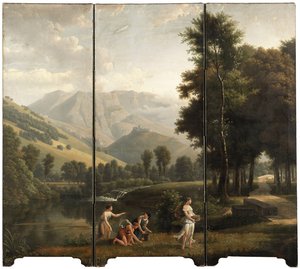 An Arcadian Landscape with Maidens Gathering Flowers by a River Bank, a Hilltop Castle Beyond by Alexandre Hyacinthe Dunouy