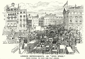 Punch cartoon: London Improvements. An "Open Space"- traffic congestion in Victorian London (engraving) by Alfred Chantrey Corbould