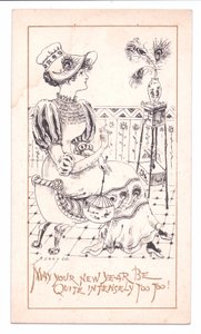 Victorian New Year Card of an Aesthetic Admiring a Vase of Peacock Feathers, c.1881
