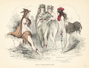 Woman wearing costumes of animal skins, heads and feathers by Alfred Grevin