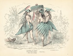 Women Dressed Only in Fig-Leaf Dresses and Hats, Holding Leaf Fans by Alfred Grevin